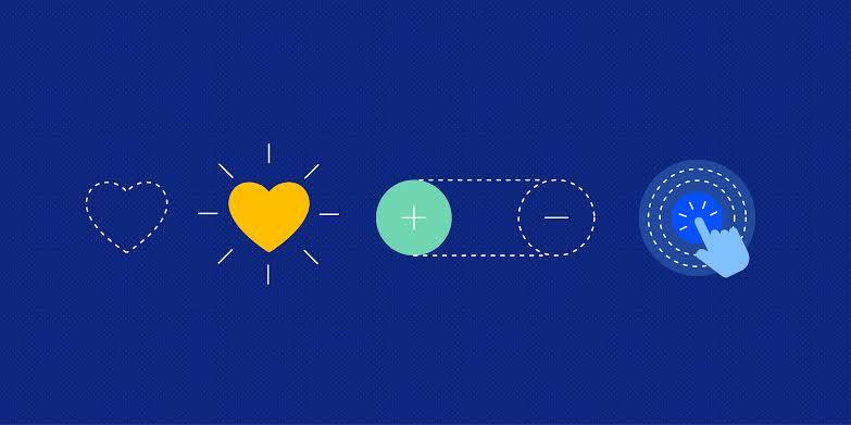 Mikro Etkileşimlerin Gücü cover: heart outline, glowing heart, plus/minus toggle, and a hand touching a button.