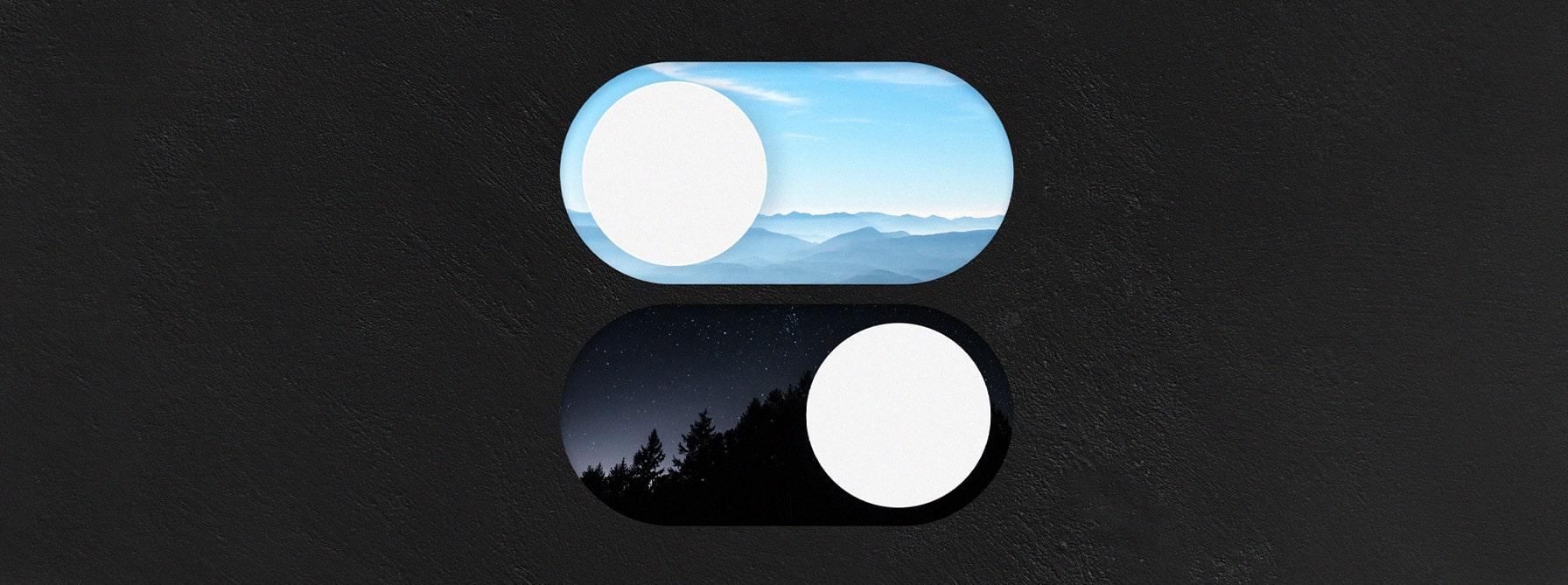 Dark and light mode toggle switch, day/night UI/UX theme selector.