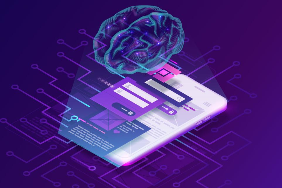 AI brain integrated with UI/UX design on a smartphone for "Yapay Zeka ve UI/UX Tasarımı" blog.