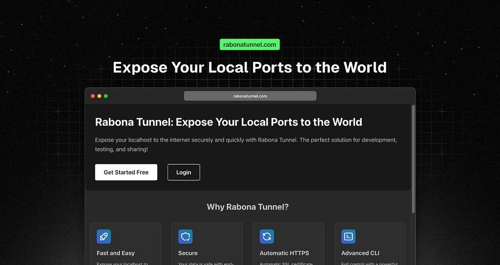 Rabona Tunnel website interface: "Expose Your Local Ports to the World." Secure localhost gateway. rabonatunnel.com.