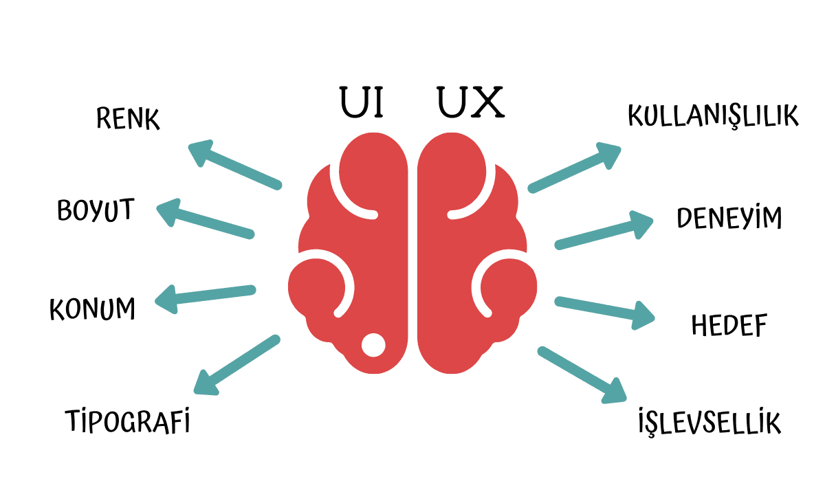 UI/UX brain graphic depicting cognitive load factors: Renk, Boyut, Konum, Tipografi, Kullanışlılık, Deneyim, Hedef, İşlevsellik.