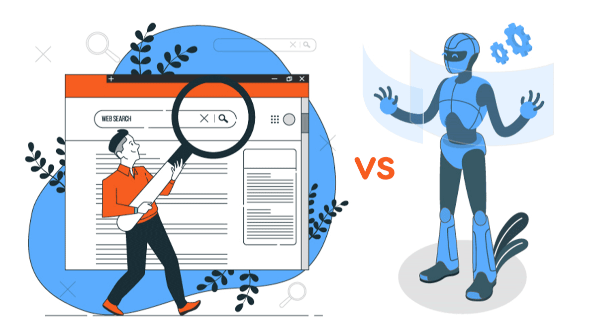Adaptive UI/UX Design cover: Man with magnifying glass searching web vs. blue robot manipulating gears.