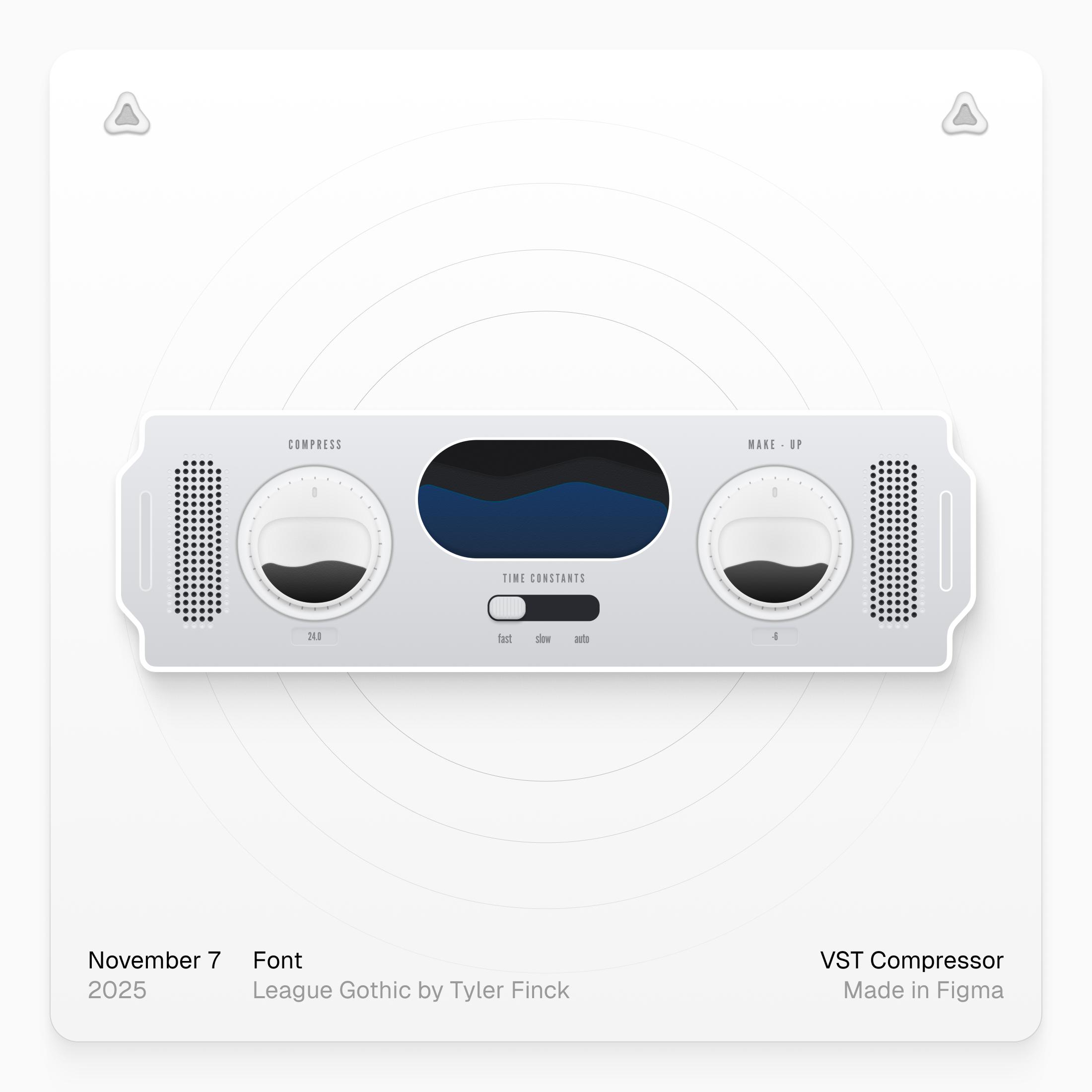 VST Compressor UI designed in Figma, November 7 2025. Compress and Make-Up controls with time constants fast, slow, auto.