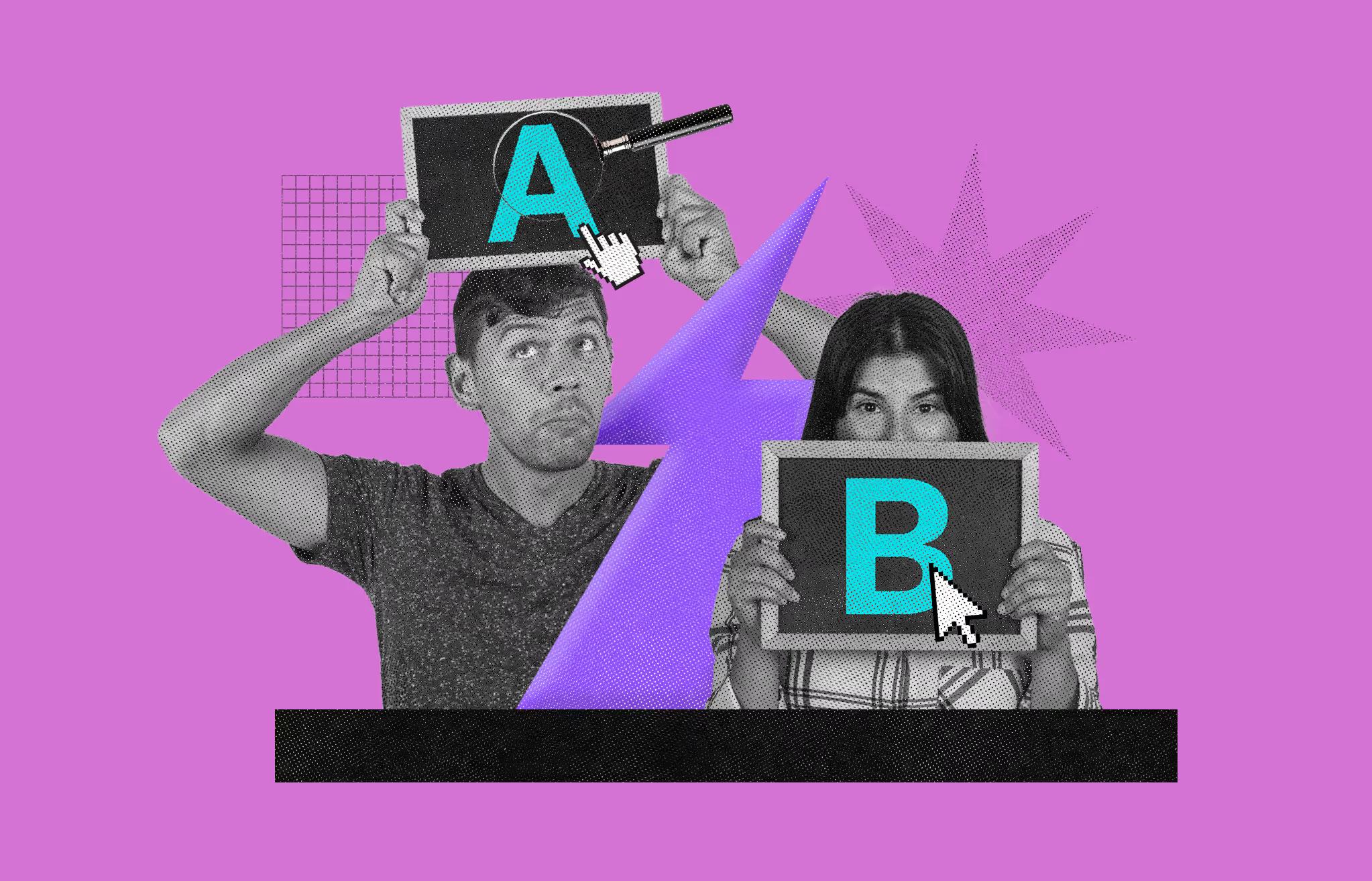 UI/UX tasarımında A/B testi konseptini anlatan illüstrasyon; iki farklı arayüz versiyonunun veriye dayalı karşılaştırması.