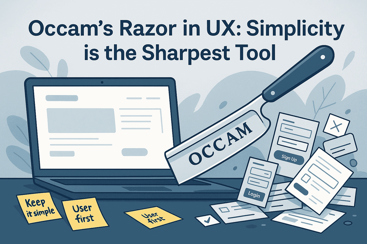 Occam'ın Usturası prensibini UI/UX tasarımında gösteren bir illüstrasyon; bir ustura karmaşık, dolanmış bir çizgiyi keserek basit, düz bir çizgiye dönüştürüyor.