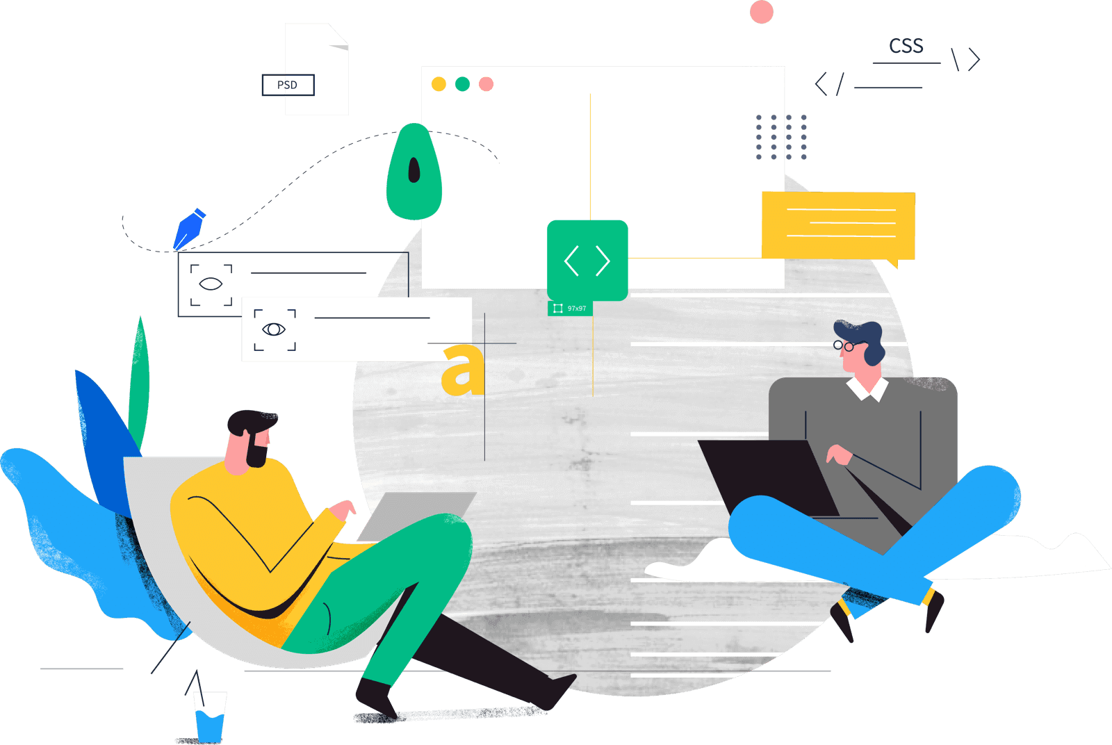 Tasarımcı ve geliştirici arasındaki handoff sürecini simgeleyen, fikirlerin koda dönüşümünü gösteren illüstrasyon.