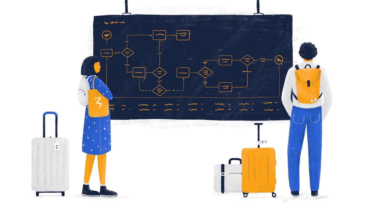 UI/UX tasarımında fikirden arayüze giden yolu temsil eden ve bir yol haritası üzerinde ilerleyen bir kişiyi gösteren kullanıcı akışı illüstrasyonu.