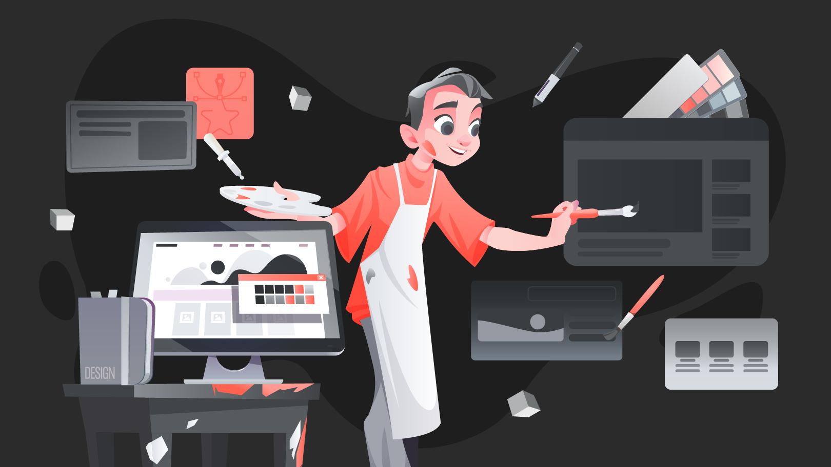 UI/UX tasarımında renk psikolojisinin rolünü temsil eden, renkli arayüz bileşenleriyle dolu bir insan kafası silüeti.